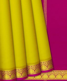 Lime Green Mysore Plain Crepe Silk Saree With Contrast Pink Border
