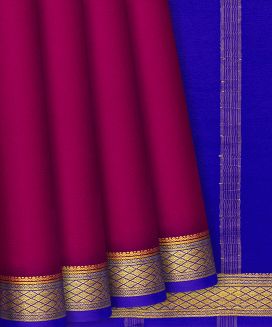 Hot Pink Mysore Plain Crepe Silk Saree With Contrast Blue Border
