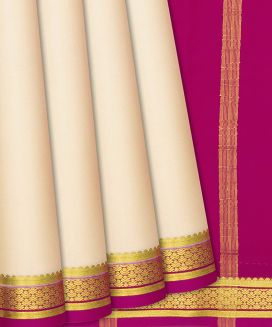 Cream Mysore Plain Crepe Silk Saree With Contrast Pink Border
