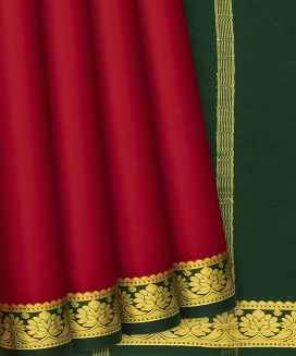 Red Mysore Plain Crepe Silk Saree With Contrast Bottle Green Border
