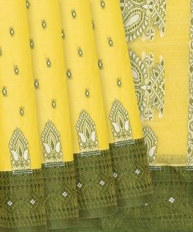 Yellow Bengal Cotton Saree With Square Butta

