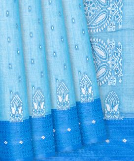 Cyan Bengal Cotton Saree With Floral Motifs
