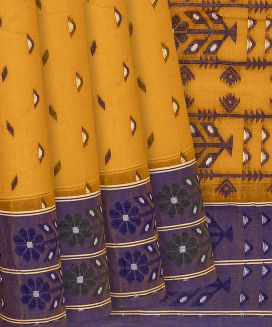 Mustard Bengal Cotton Saree With Floral Motifs
