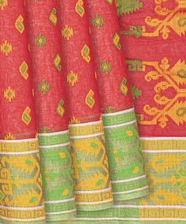Red Bengal Cotton Saree With Floral Motifs
