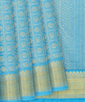 Turquoise Handloom Kanchipuram Silk Saree With Annam Chakaram Motifs
