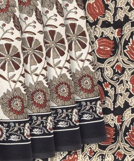 Off White Woven Jaipur Cotton Saree With Printed Floral Motifs
