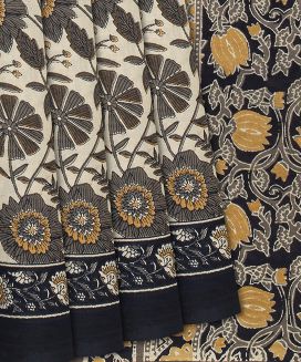 Cream Jaipur Cotton Saree With Printed Floral Motifs

