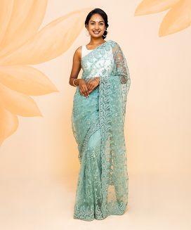 Turquoise Supernet Saree Embroidered Floral Motifs
