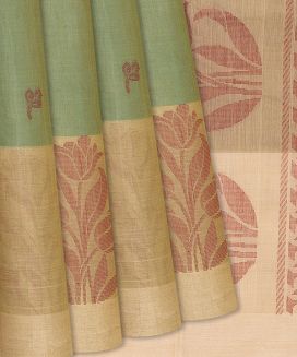 Cardamom Green Handloom Village Cotton Saree With Floral Motifs
