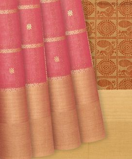 Pink Handloom Village Cotton Saree With Annam Motifs And Checks
