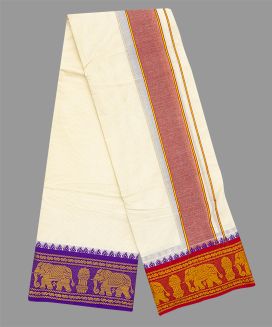 Cream 9 x 5 Cotton Dhoti with Fancy Border with Elephant Motifs

