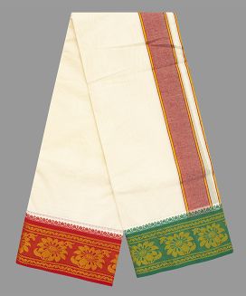Cream 9 x 5 Cotton Dhoti with Fancy Border with Floral Motifs
