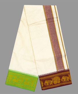 Cream 9 x 5 Cotton Dhoti with Fancy Border with Animal Motifs
