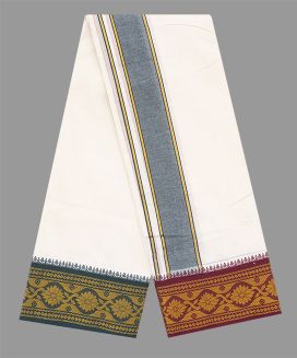Cream 9 x 5 Cotton Dhoti with Fancy Border with Floral Motifs
