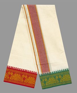 Cream 9 x 5 Cotton Dhoti with Fancy Border with Floral Motifs

