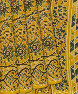 Mustard Jaipur Cotton Saree With Printed Floral Vine Motifs
