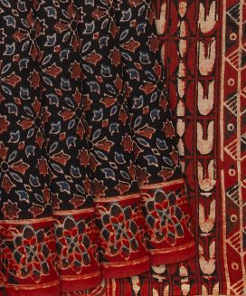Black Jaipur Cotton Saree With Printed Floral Motifs
