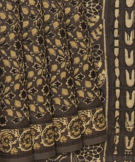 Dark Grey Jaipur Cotton Saree With Printed Floral Vine Motifs

