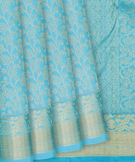 Turquoise Handloom Kanchipuram Silk Saree With Mango Vine Motifs 
