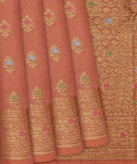 Peach Woven Blended Dupion Saree With Meena Motifs
