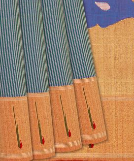 Blue Handloom Paithani Silk Saree With Stripes
