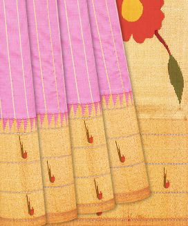 Bubble-gum Pink Handloom Paithani Silk Saree With Stripes
