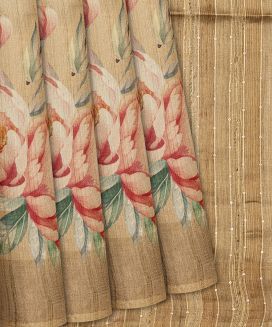 Beige Handloom Tussar Silk Saree With Printed Crane Motifs
