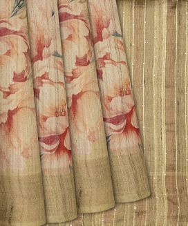 Taupe Handloom Tussar Silk Saree With Printed Crane Motifs
