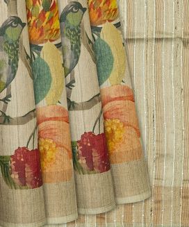 Taupe Handloom Tussar Silk Saree With Printed Bird Motifs
