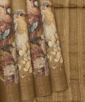 Beige Handloom Tussar Silk Saree With Printed Bird Motifs
