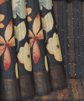 Black Handloom Tussar Silk Saree With Printed Floral Motifs
