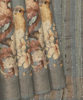 Grey Handloom Tussar Silk Saree With Printed Bird Motifs
