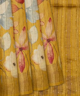 Mustard Handloom Tussar Silk Saree With Printed Floral Motifs
