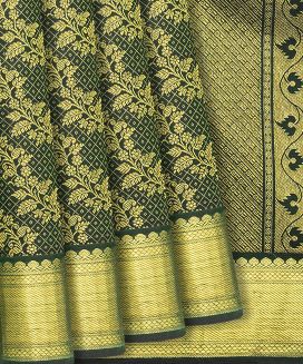 Bottle Green Handloom Kanchipuram Silk Saree With Vine Motifs 
