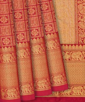 Crimson Handloom Kanchipuram Silk Saree With Kamalam Motifs 
