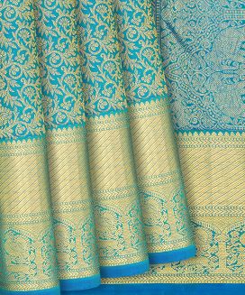 Light Blue Handloom Kanchipuram Silk Saree With Floral Vine Motifs 
