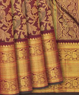 Maroon Handloom Kanchipuram Silk Saree With Meena Bird Motifs 
