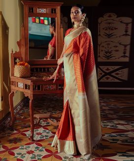 Orange Handloom Kanchipuram Korvai Silk Saree With Annam Chakaram Motifs