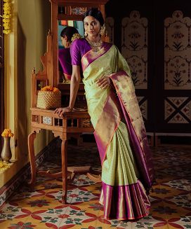 Cardamom Green Handloom Kanchipuram Korvai Silk Saree With Beldari Checks