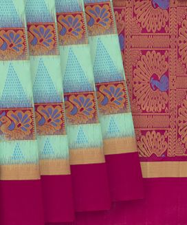 Cyan Handloom Soft Silk Saree With Annam Butta & Pink Border
