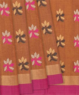 Rust Handloom Rasipuram Cotton Saree With Floral Motifs