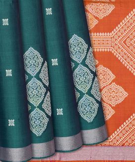 Teal Handloom Soft Silk Saree With Floral Motifs
