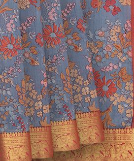 Grey Blended Cotton Saree With Floral Motifs