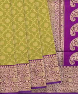 Olive Green Handwoven Banarasi Silk Saree With Contrast Pink Border & Pallu
