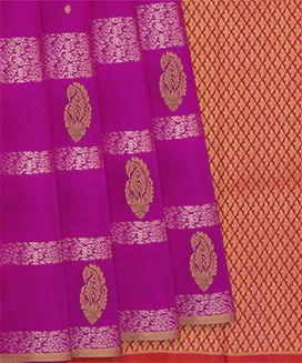 Hot Pink Handwoven Kanchipuram Silk Saree With Mango Zari Butta & Silver Zari Stripes