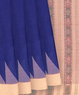 Blue Handwoven Orissa Cotton Saree With Dotted Stripes in Contrast Beige Border & Pallu