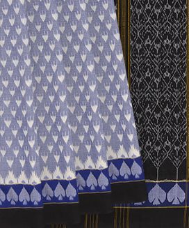 Light Blue Handwoven Orissa Cotton Saree With Triangles & Spade Motifs in Black & Blue Border