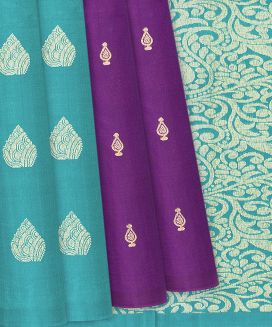 Cyan & Magenta Handloom Partly Soft Silk Saree With Floral Buttas
