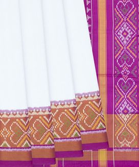 White Handloom Ikat Silk Saree With Pink Border & Pallu