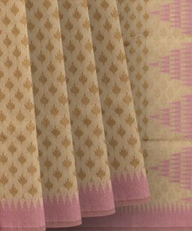 Beige Handwoven Benarasi Organza Silk Saree With Leaf Motifs & Baby Pink Border